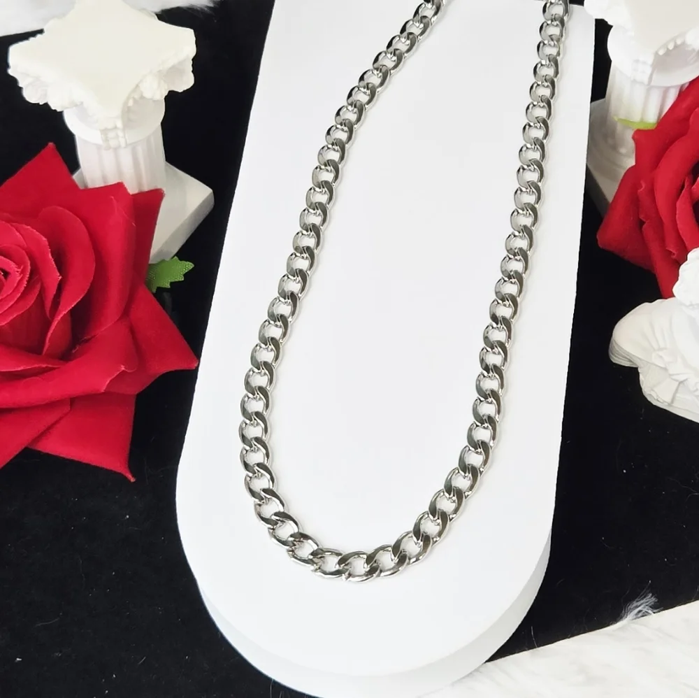 Chunky Curb Chain Necklace 7mm Stainless Steel Silver 22